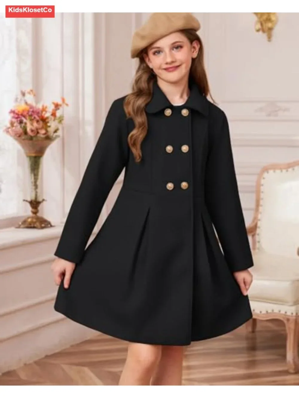 Girls Wool Peacoat with Lapel Pockets Winter Long Jacket Kids Size 6-14